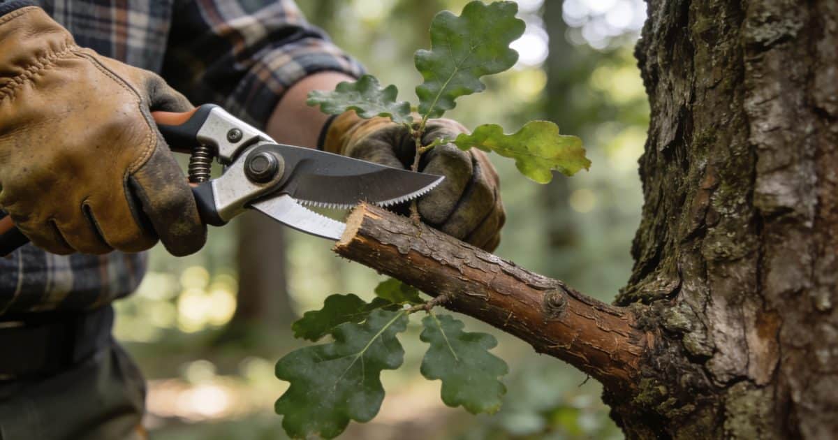 Arboriculteur effectuant coupe de branche avec sécateur.