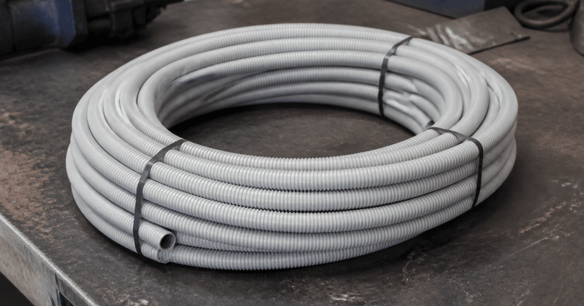 Cable conduit coiled on workshop surface, organized neatly.