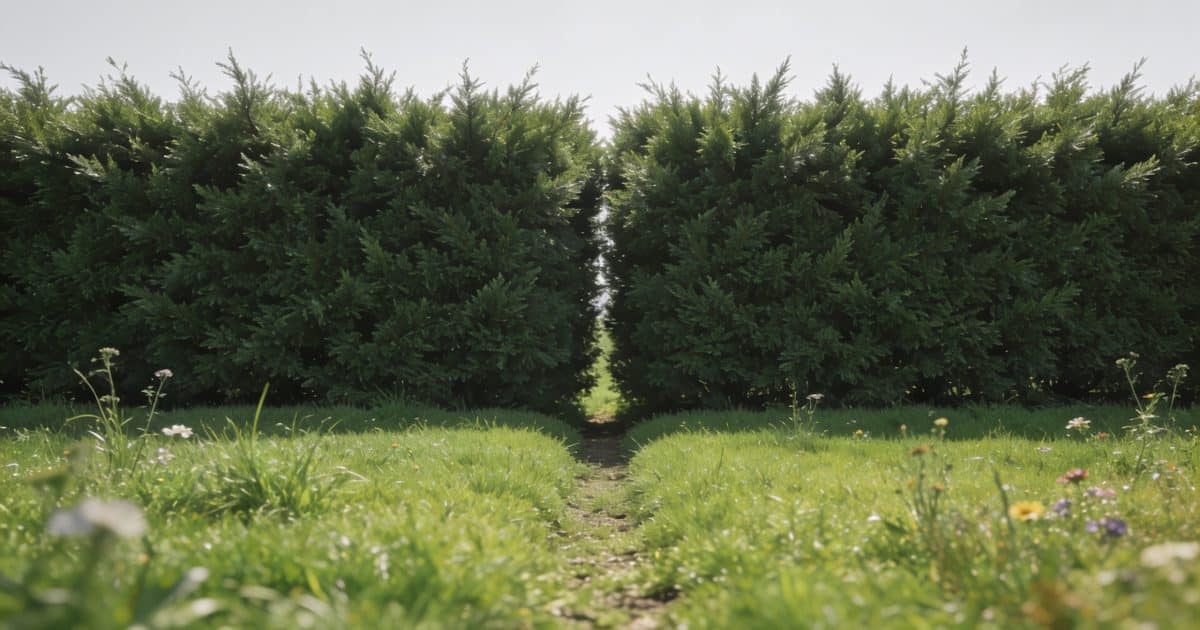 Deux jardins separes par une rangee d'arbustes denses