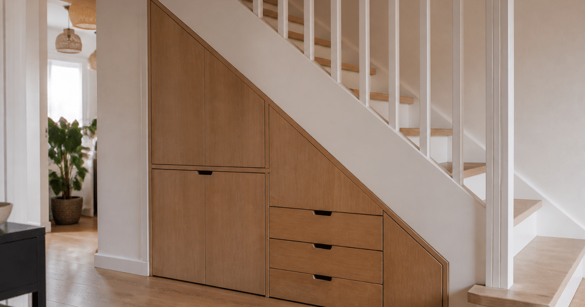 Espace vide sous escalier avec rangements integres bois