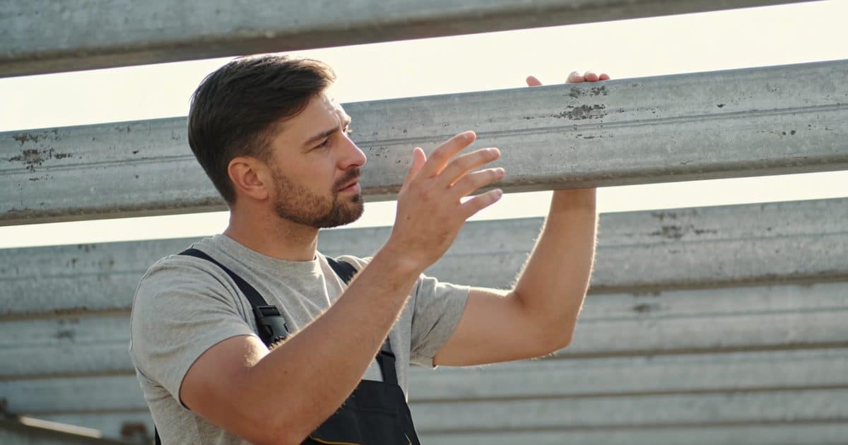 Homme inspectant les poutres grises d'une toiture ensoleillée.