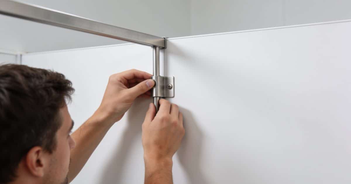 Personne installant support metallique sur mur blanc cloison.