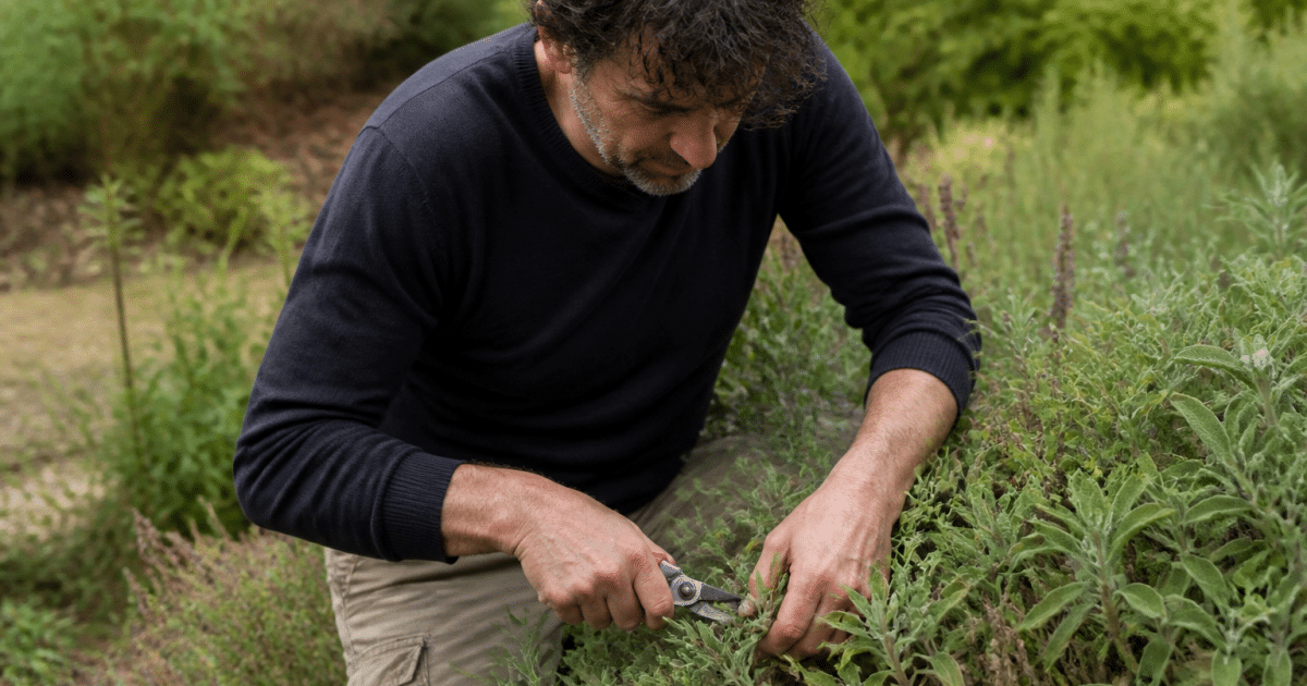 Jardinier coupant branches de sauge avec sécateur