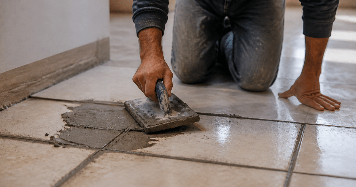 Mains appliquant du mortier entre les carreaux de sol