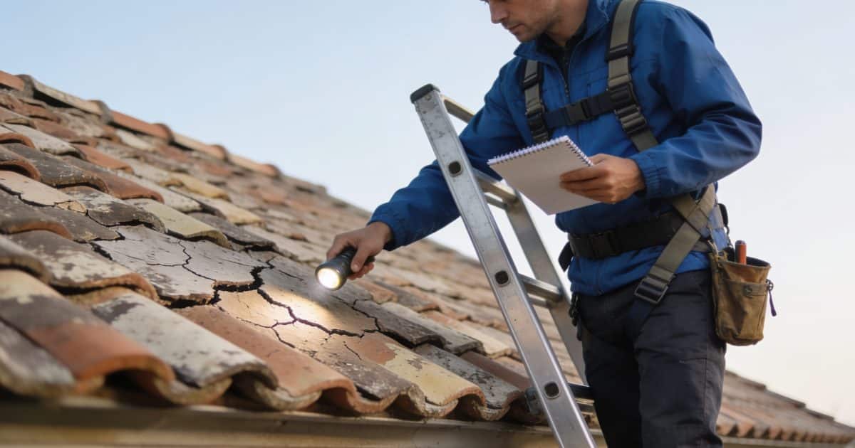 Ouvrier sur echelle inspectant tuiles endommagees toiture maison