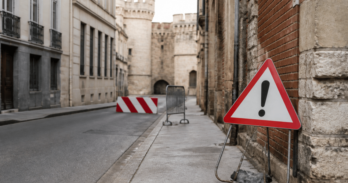 Rues désertes de Perpignan avec panneaux d'avertissement visibles.