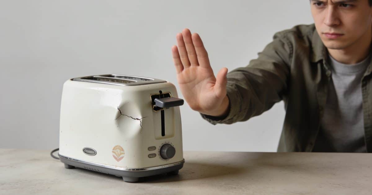 Personne rejetant un appareil ménager défectueux avec la main.