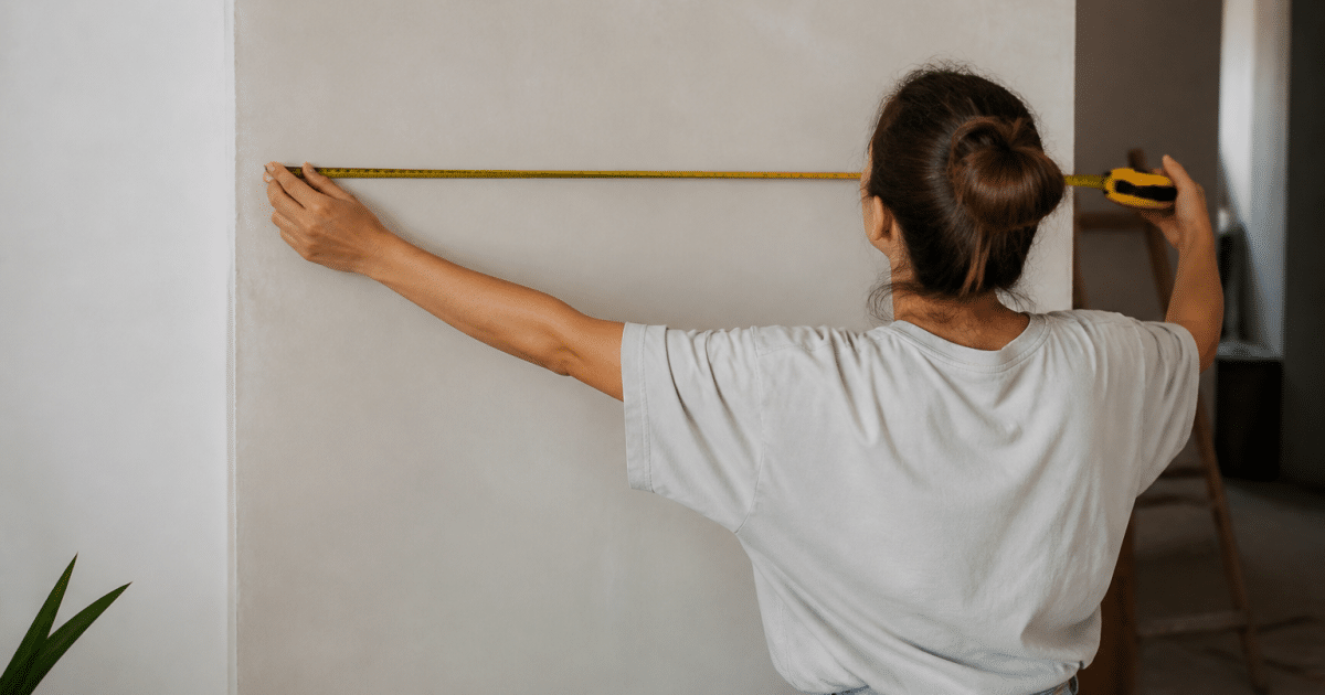 Personne mesurant un mur avec un metre ruban.