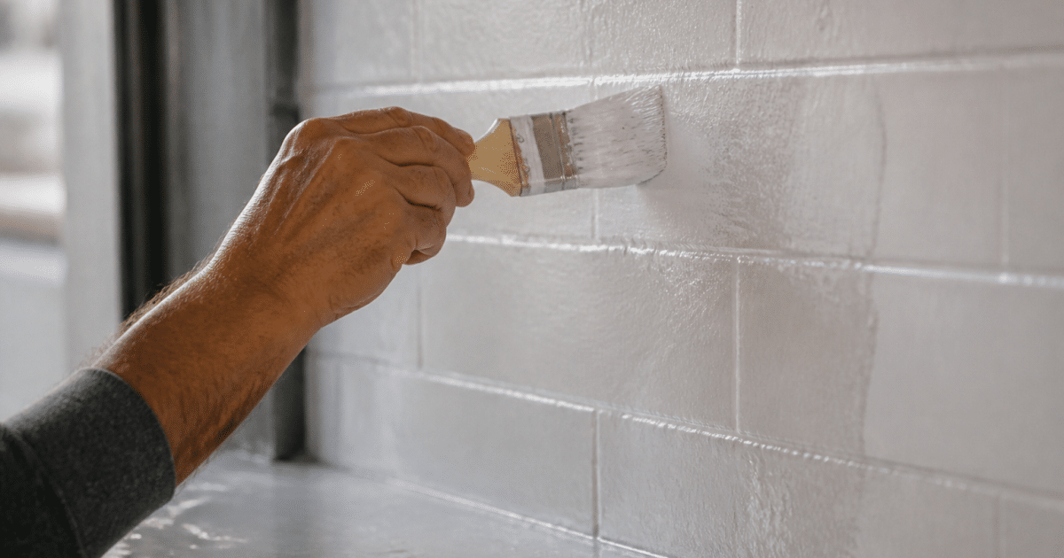 Pinceau appliquant peinture blanche sur paroi carrelée humide.
