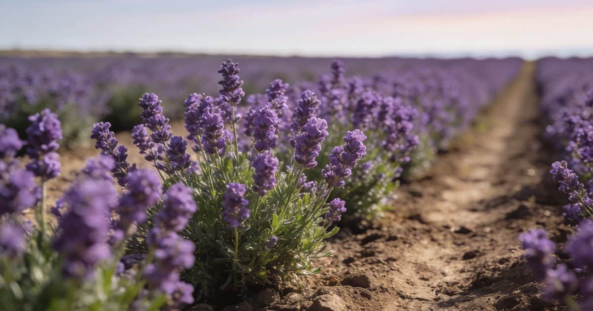 Rangées de buissons violets fleurissant dans champ agricole