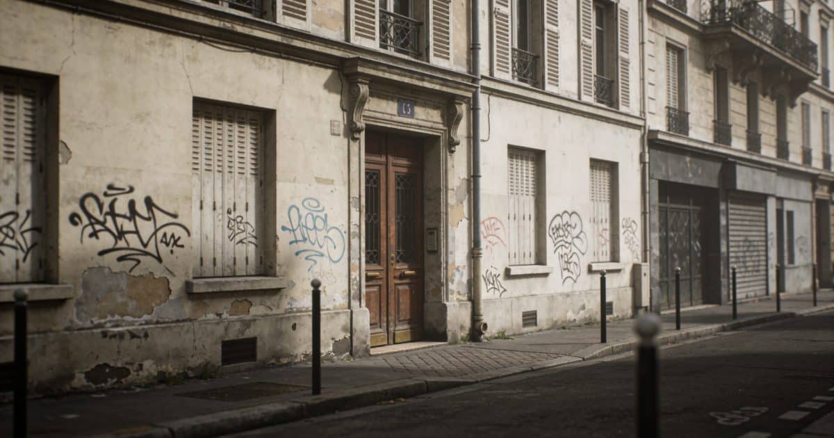 Rue sombre de Clichy avec facades degradees et graffitis.