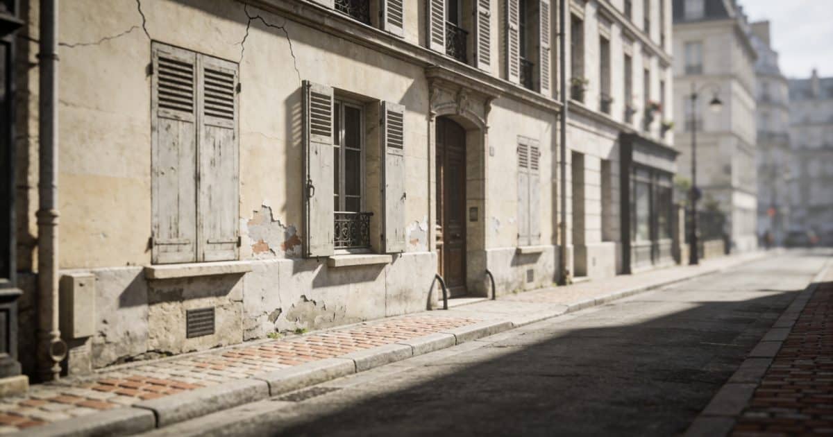 Rue parisienne avec immeubles dégradés et rues désertes.