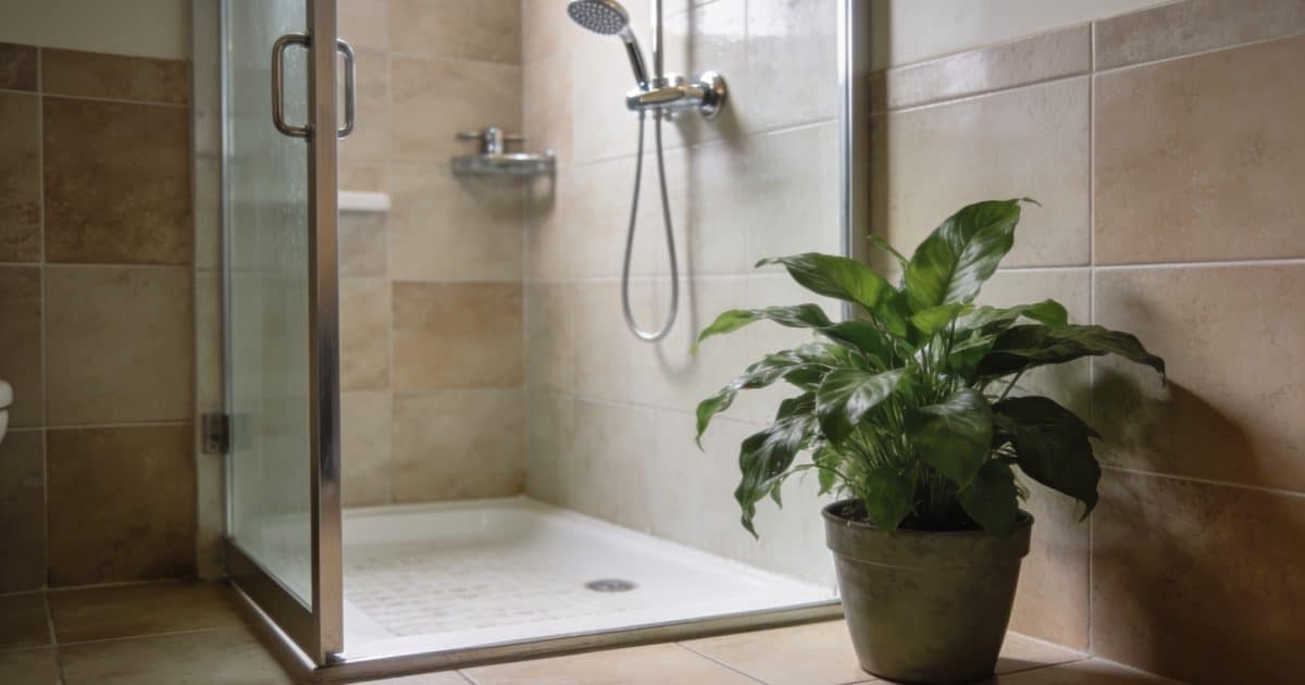 Salle de bain avec douche ouverte au sol carrelé.