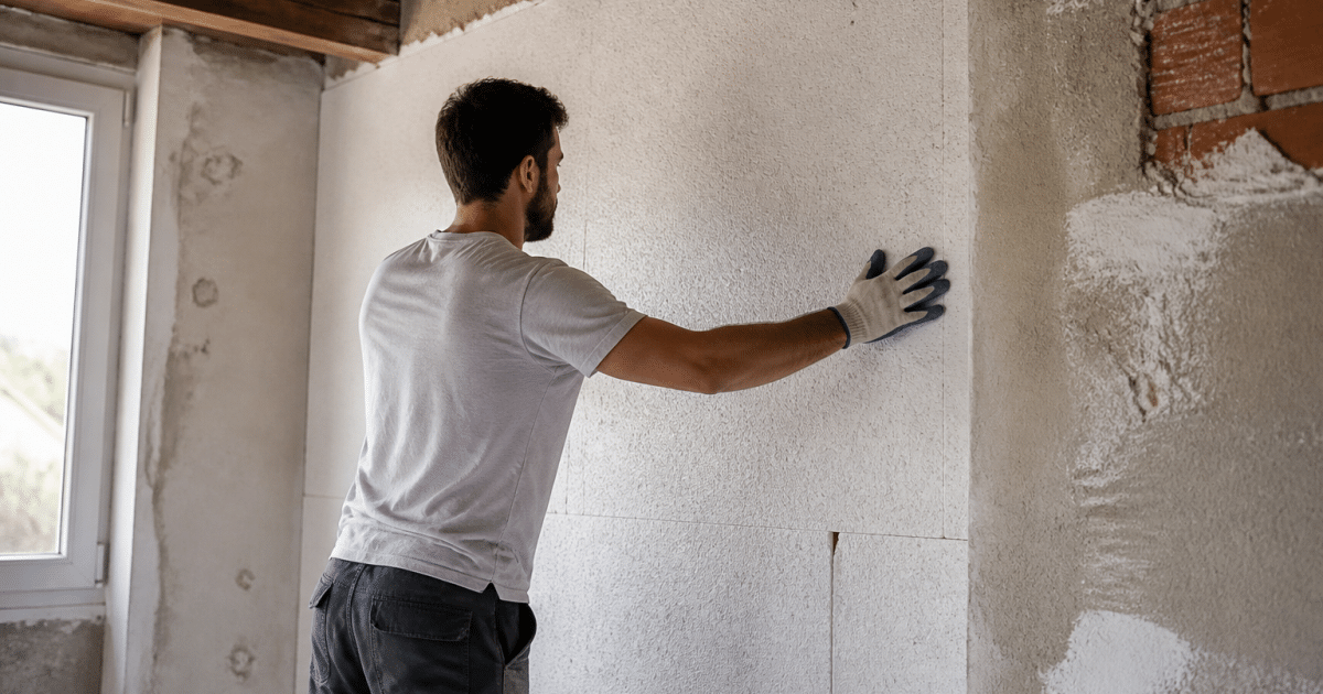 Technicien appliquant isolant thermique sur mur interieur