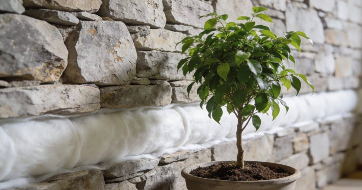 Mur en pierre epais avec isolation thermique appliquee.