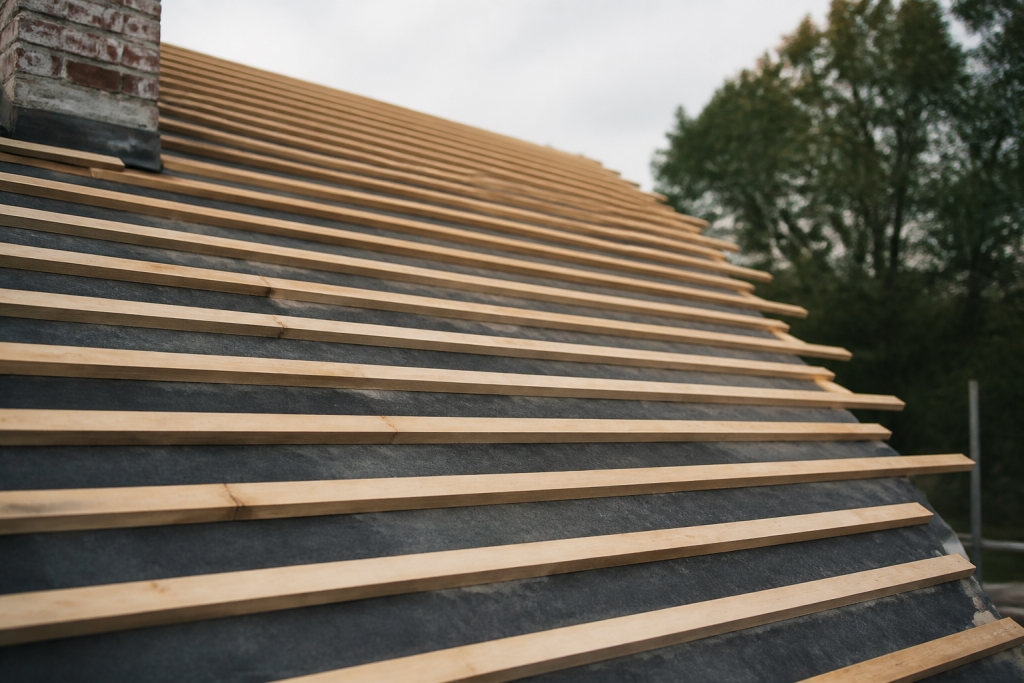 Bois horizontaux avec espacement regulier sur toiture en pente