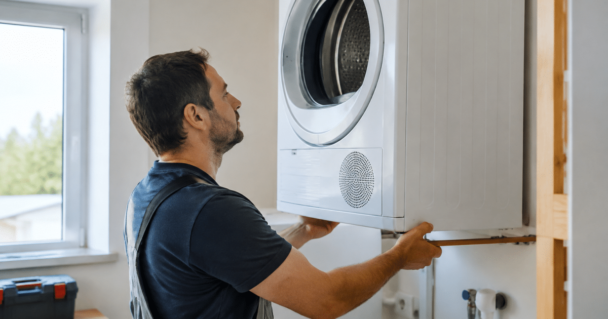 Technicien installant seche linge pompe chaleur mural blanc