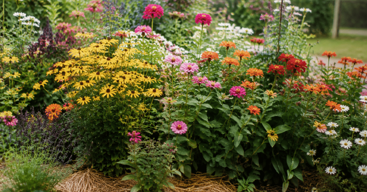 Massif de fleurs colorees plantees densement sur sol paille