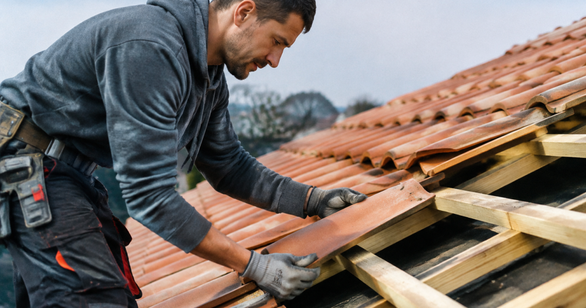 Main posant tuile romane sur chevrons bois inclines