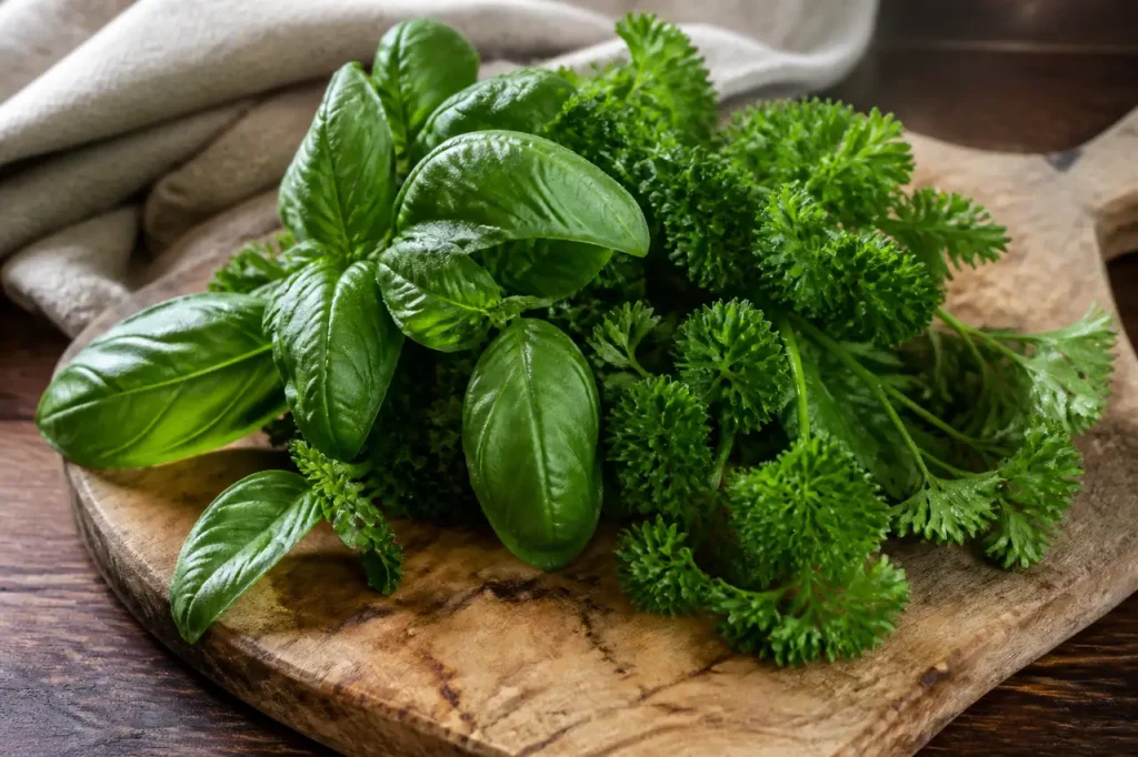 Bouquet de basilic et persil sur planche en bois