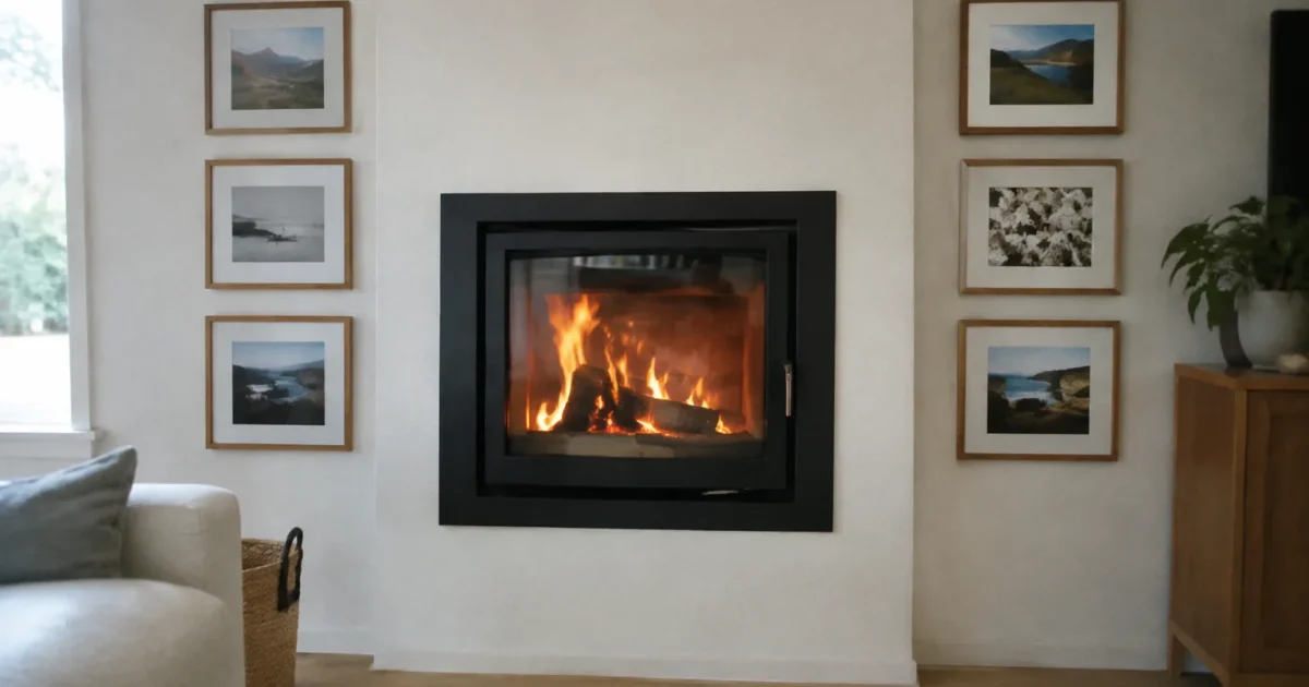 Cadres muraux encadrent un insert noir sur mur blanc
