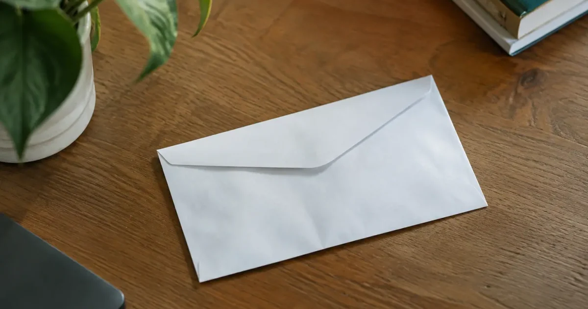Enveloppe blanche adressee posee sur un bureau en bois