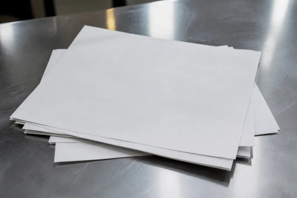 Feuilles de papier sur plaque en acier brillant