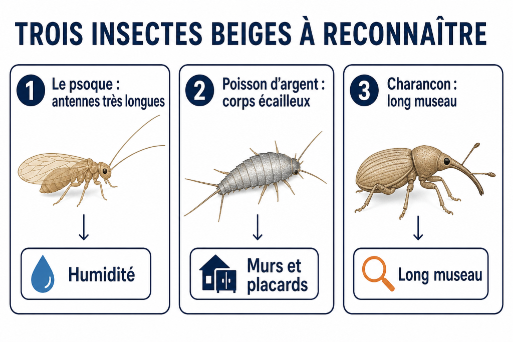 Trois insectes beiges à reconnaître