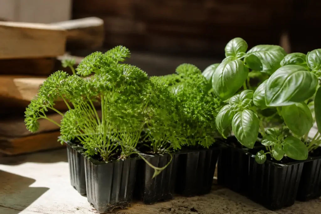 Jardiniere de persil et basilic en godets au soleil
