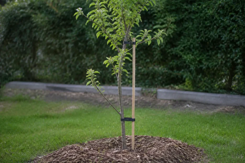 Jeune arbre ornemental avec tuteur et paillis brun