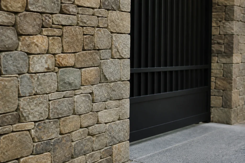 Mur en pierre naturelle et acier noir
