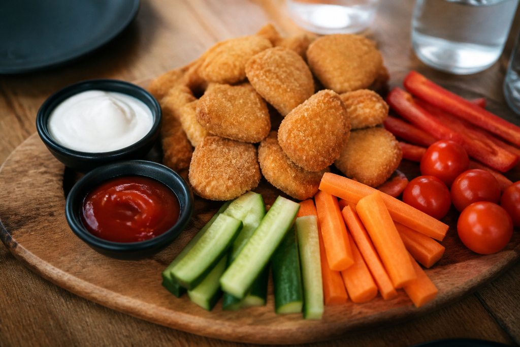 Nuggets croustillants avec divers condiments et legumes crus