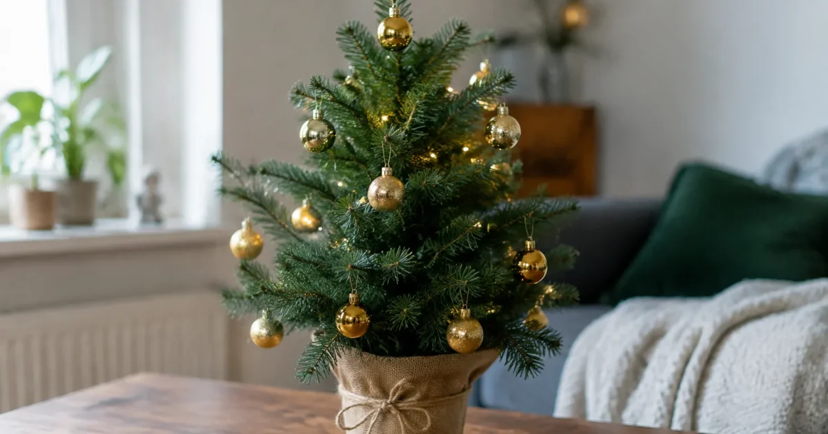 Petit sapin en pot orne de boules dorees