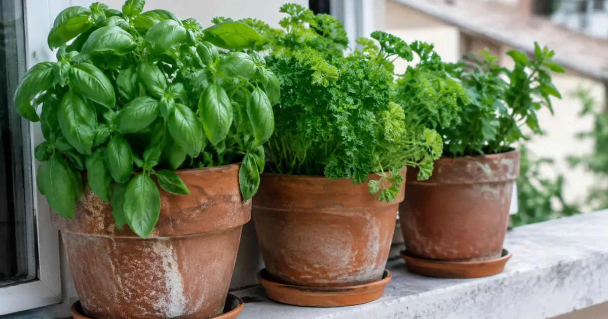 Pots de basilic et persil alignés sur un rebord