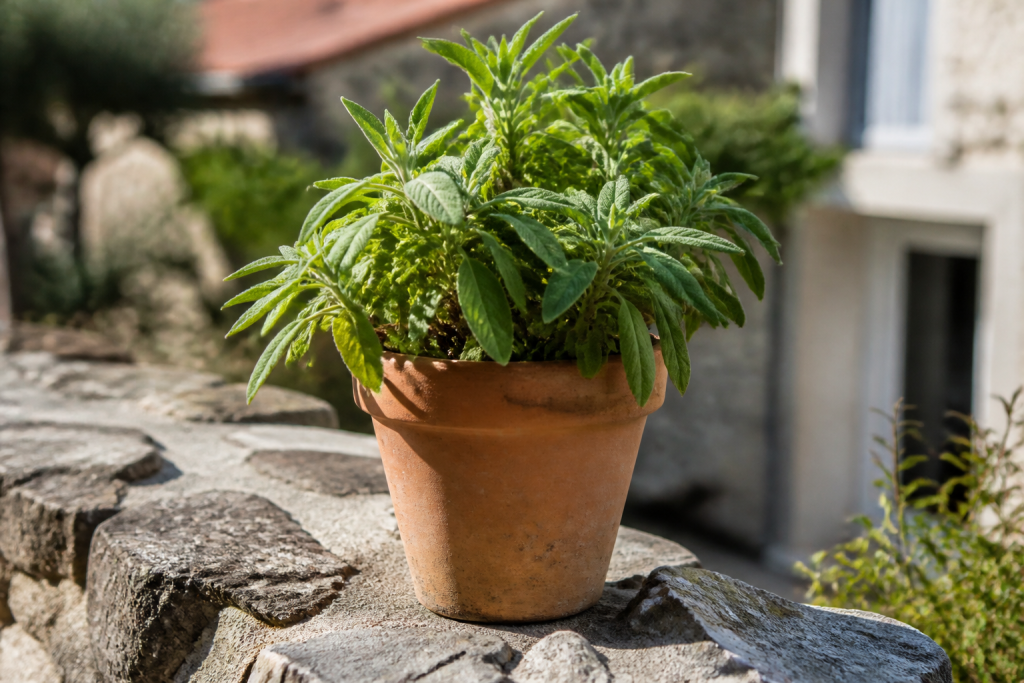 Sauge en pot sur muret de pierres au soleil