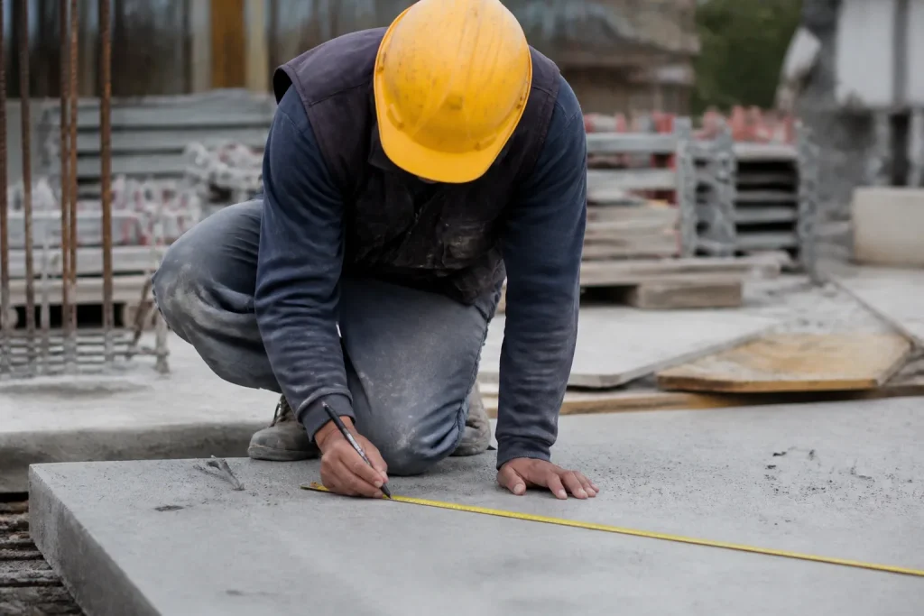 Technicien en casque jaune notant mesures sur dalle grise
