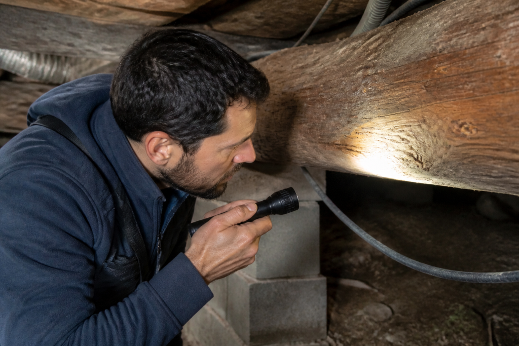 Technicien inspectant une poutre en bois avec lampe torche
